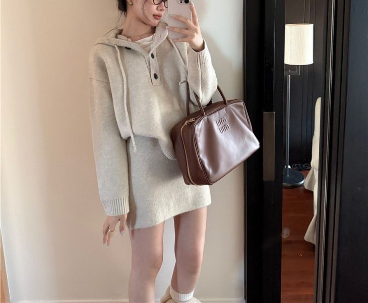 休閒減齡連帽針織+高腰半身裙套裝-3色 休閒減齡連帽針織+高腰半身裙套裝-3色