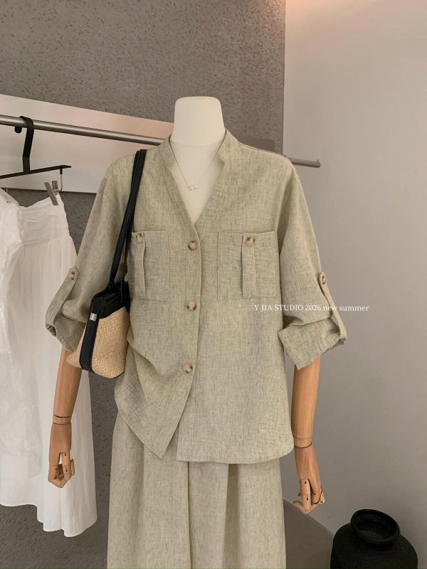 老錢亞麻百搭襯衫+寬鬆闊腿褲鬆弛感兩件套裝 老錢亞麻百搭襯衫+闊腿褲兩件套
