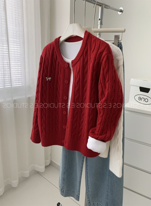 溫柔麻花蝴蝶結釘扣毛衣外套-3色 溫柔麻花蝴蝶結釘扣毛衣外套-3色