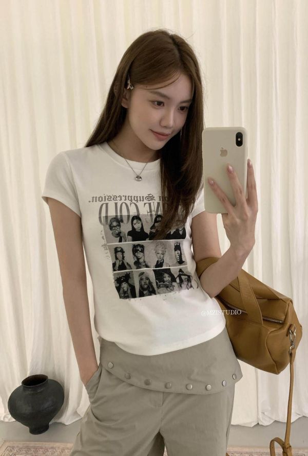 夏日美式人物頭像修身顯瘦短T-2色 夏日美式人物頭像修身顯瘦短T-2色