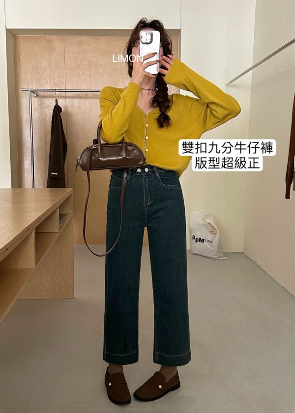 雙扣設計復古高腰牛仔九分褲 雙扣設計復古高腰牛仔九分褲
