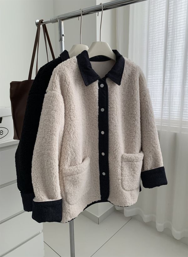拼接牛仔設計感翻領仿羊毛保暖麂皮絨外套-3色 拼接牛仔設計感翻領仿羊毛保暖麂皮絨外套-3色