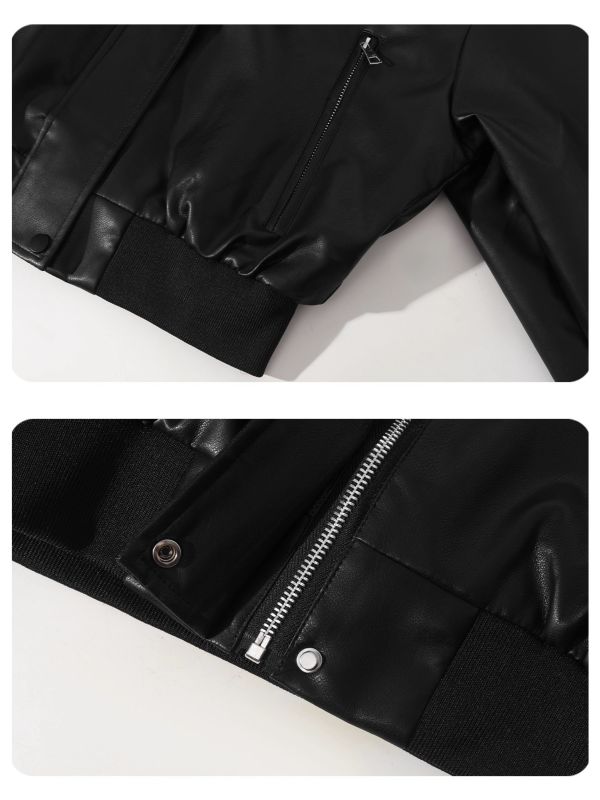 甜酷黑色假兩件高級感寬鬆pu皮外套 甜酷黑色假兩件高級感寬鬆pu皮外套