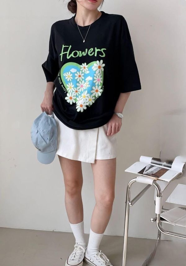 愛心滿版花花純棉長版T恤-3色 愛心滿版花花純棉長版T恤-3色