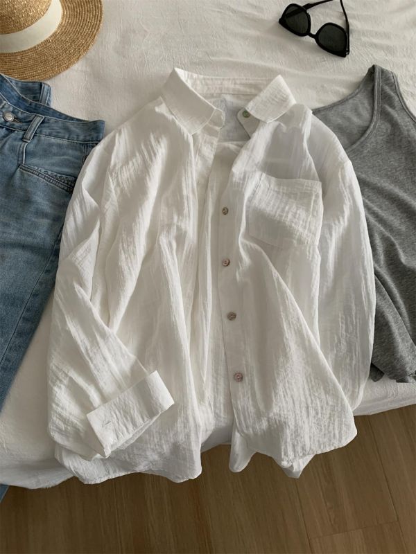 復古顯白肌理感輕盈鬆弛感襯衫上衣-2色 復古顯白肌理感輕盈鬆弛感襯衫上衣-2色