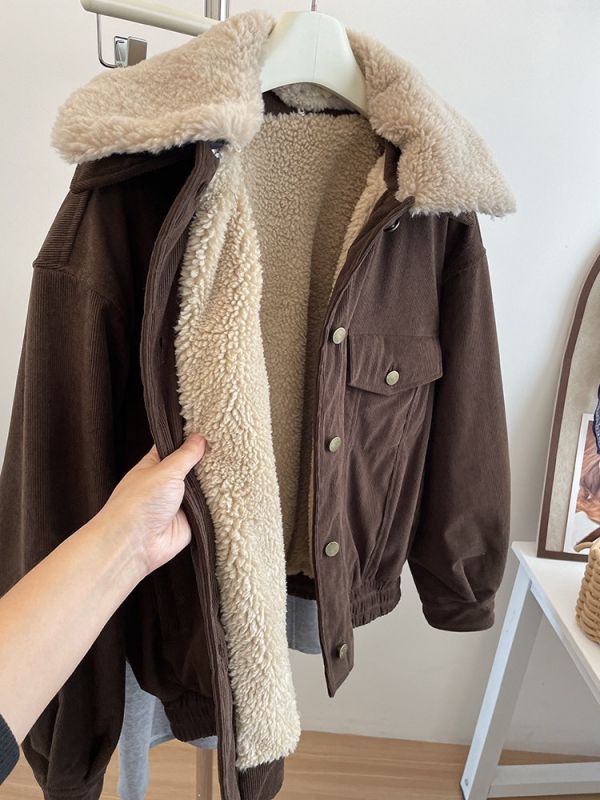 復古燈芯絨工裝短款外套 加厚羊羔毛保暖外套-2色 復古燈芯絨工裝短款外套 加厚羊羔毛保暖外套-2色