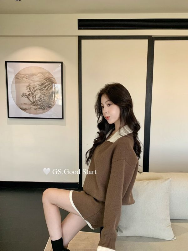 學院風撞色氣質針織衫+半身裙兩件套套裝-5色 學院風撞色氣質針織衫+半身裙兩件套套裝-5色