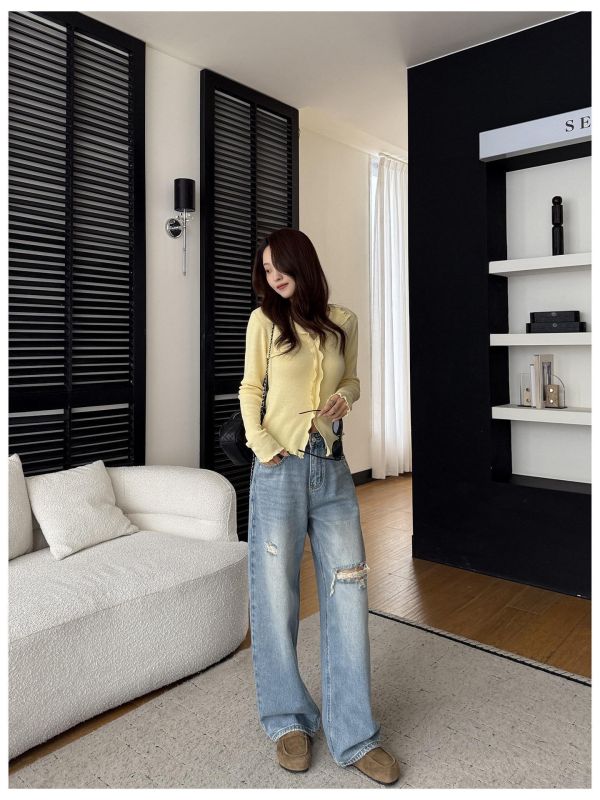 滿滿活力～洋氣淺色破洞直筒闊腿褲 滿滿活力～洋氣淺色破洞直筒闊腿褲