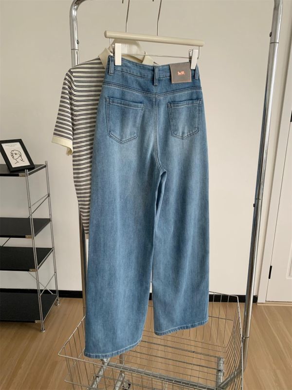 設計感拼接闊腿彎刀褲高腰顯瘦牛仔 設計感拼接闊腿彎刀褲高腰顯瘦牛仔