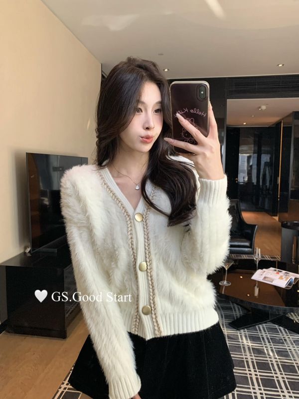 法式溫柔氣質仿水貂絨開衫保暖毛衣-2色 法式溫柔氣質仿水貂絨開衫保暖毛衣-2色