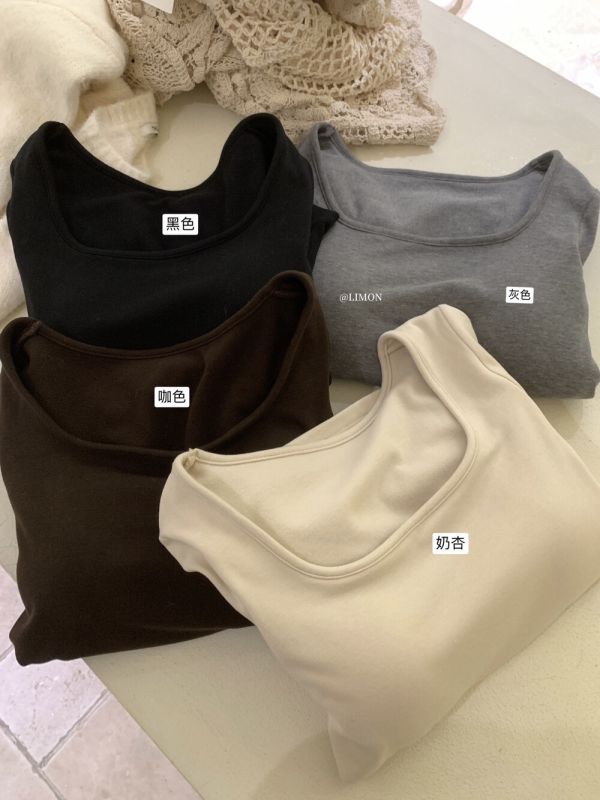 帶胸墊簡約德絨百搭U領T恤-4色 帶胸墊簡約德絨百搭U領T恤-4色