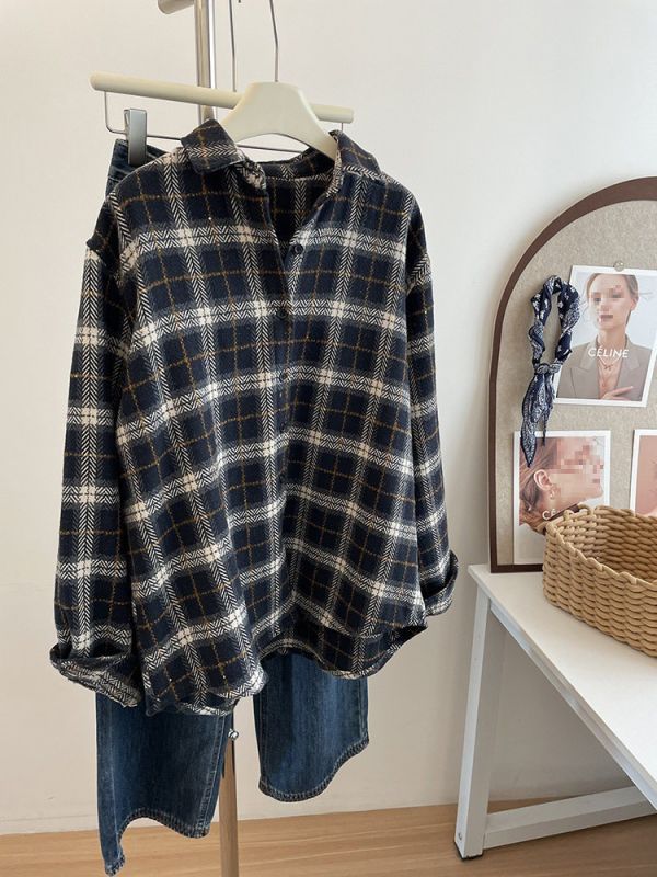 金絲勾線復古加厚格子襯衫外套-2色 金絲勾線復古加厚格子襯衫外套-2色