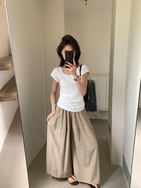 復古格子休閒垂感闊腿褲-3色 復古格子休閒垂感闊腿褲-3色