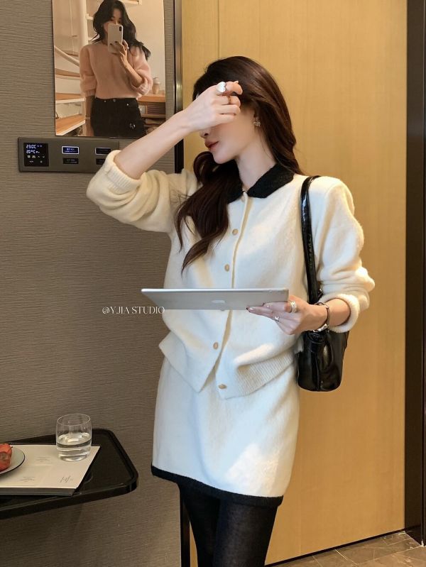 法式小香風撞色翻領針織開衫+高腰半身裙-2色 法式小香風撞色翻領針織開衫+高腰半身裙-2色