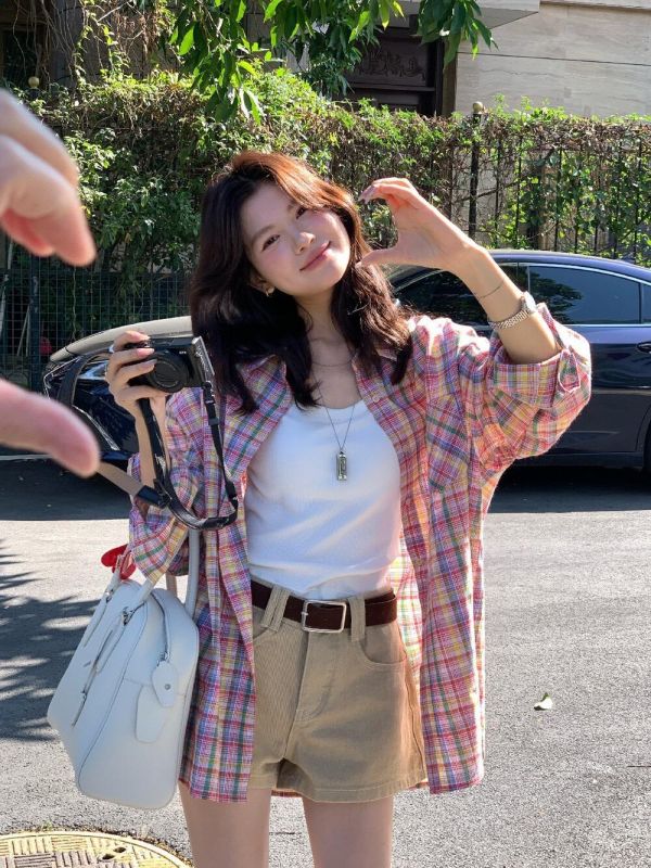 韓風寬鬆彩格休閒防曬襯衫上衣 韓風寬鬆彩格休閒防曬襯衫上衣