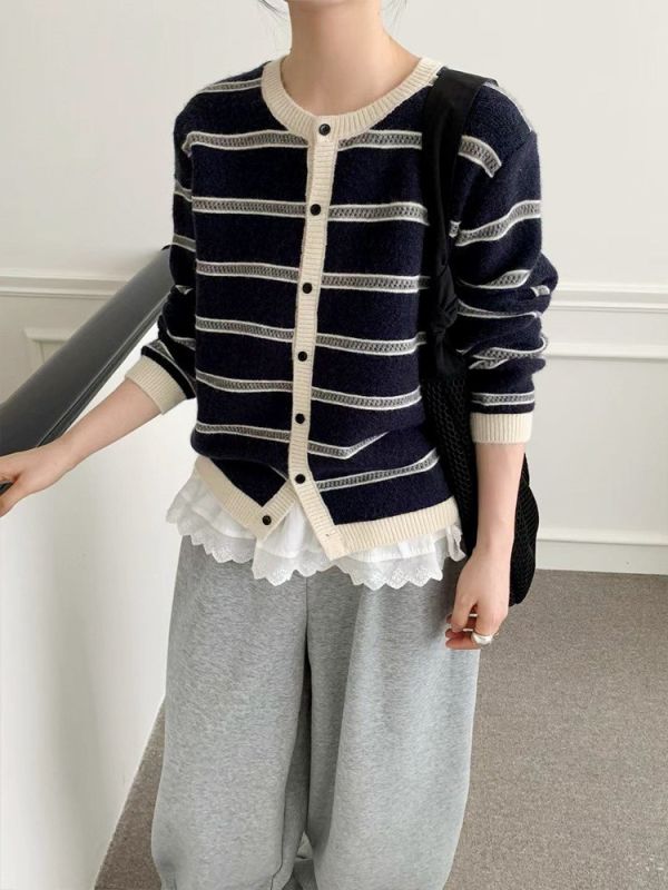 復古雙色條紋針織開衫-3色 復古雙色條紋針織開衫-3色