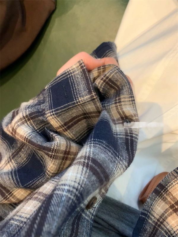 藏青復古格子大版百搭中長款襯衫 藏青復古格子大版百搭中長款襯衫