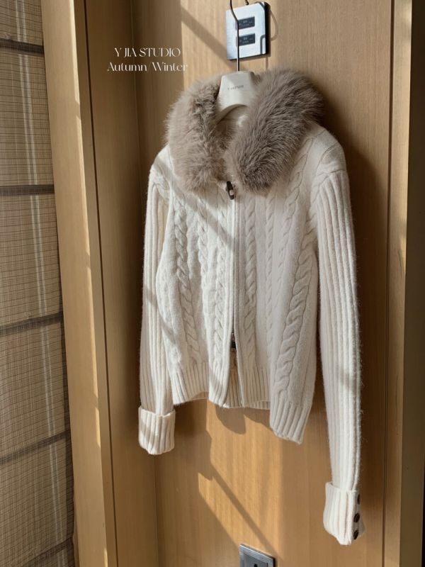 韓系氛圍感麻花雙拉鏈氣質毛衣外套（毛領可拆）-4色 韓系氛圍感麻花雙拉鏈氣質毛衣外套（毛領可拆）-4色