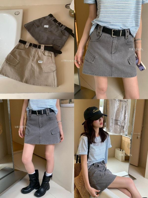 美式復古風氣質設計感高腰A字工裝裙-2色 美式復古風氣質設計感高腰A字工裝裙-2色