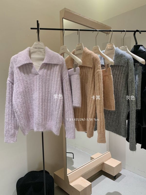 韓系慵懶風翻領針織毛衣+高腰休閒短褲-3色 韓系慵懶風翻領針織毛衣+高腰休閒短褲-3色