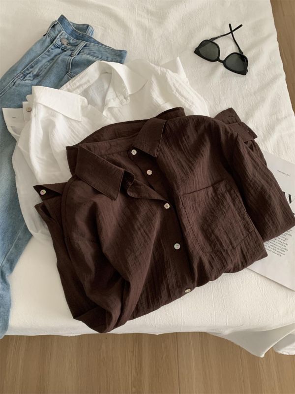 復古顯白肌理感輕盈鬆弛感襯衫上衣-2色 復古顯白肌理感輕盈鬆弛感襯衫上衣-2色