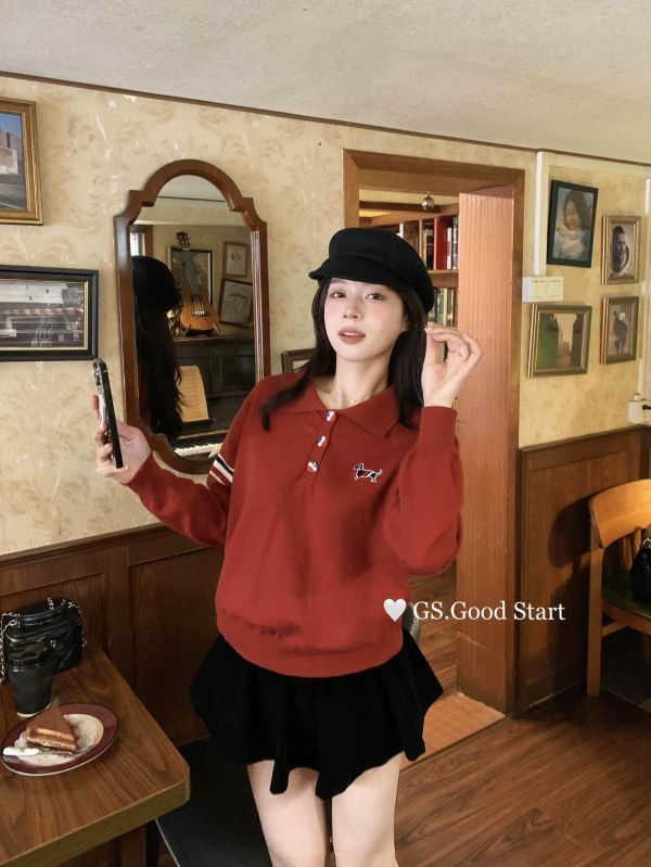 韓系學院風氣質刺繡小狗polo領針織上衣-4色 韓系學院風氣質刺繡小狗polo領針織上衣-4色