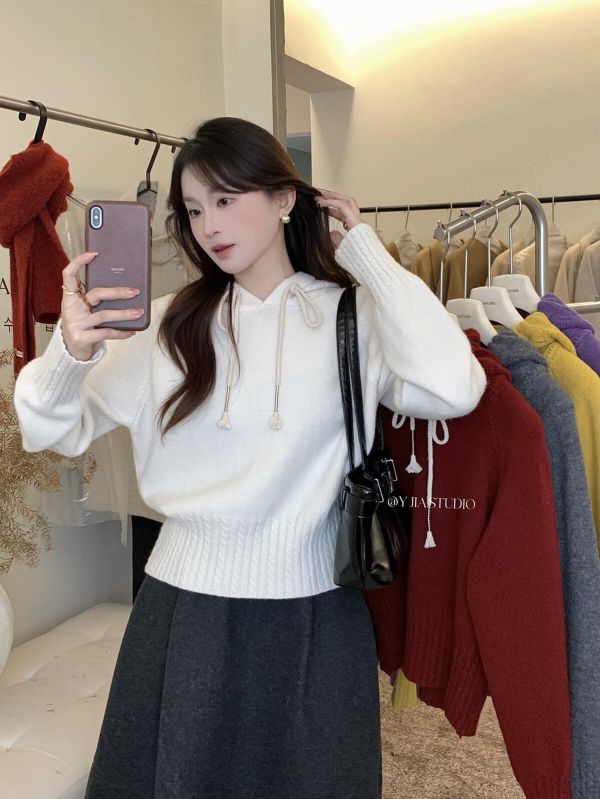 慵懶風鏤空花紋抽繩連帽保暖毛衣-5色 慵懶風鏤空花紋抽繩連帽保暖毛衣-5色