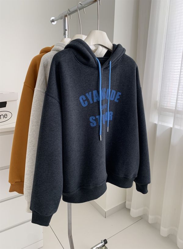 重磅加絨美式字母套頭鬆弛感連帽上衣-3色 重磅加絨美式字母套頭鬆弛感連帽上衣-3色