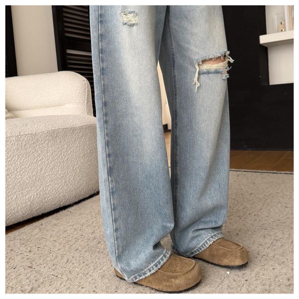 滿滿活力～洋氣淺色破洞直筒闊腿褲 滿滿活力～洋氣淺色破洞直筒闊腿褲