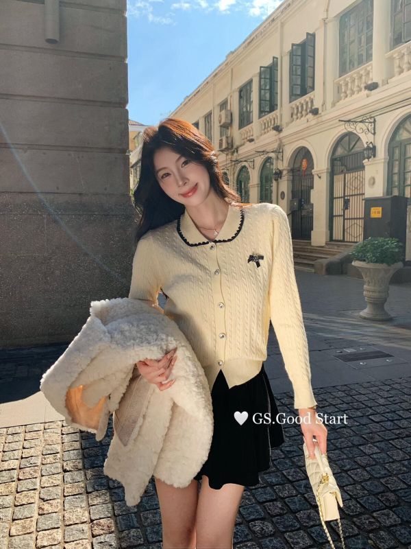 法式復古氣質麻花針織衫（配別針）-3色 法式復古氣質麻花針織衫（配別針）-3色