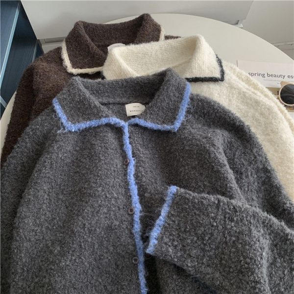 撞色翻領韓系鑲邊柔軟上衣罩衫-3色 撞色翻領韓需要鑲邊柔軟上衣罩衫-3色