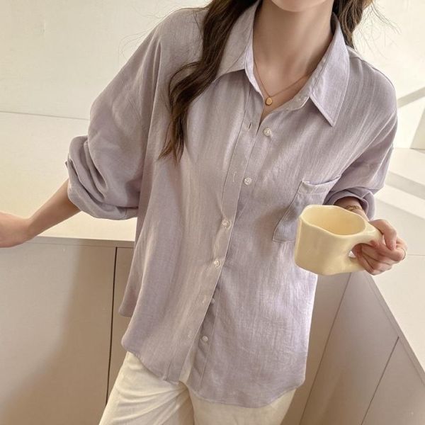 亞麻夏季防曬氣質純色襯衫上衣-6色 亞麻夏季防曬氣質純色襯衫上衣-6色