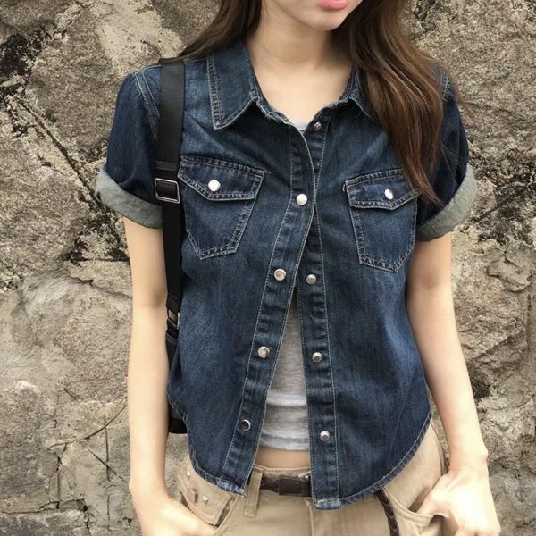 夏季美式復古休閒口袋牛仔襯衫 夏季美式復古休閒口袋牛仔襯衫