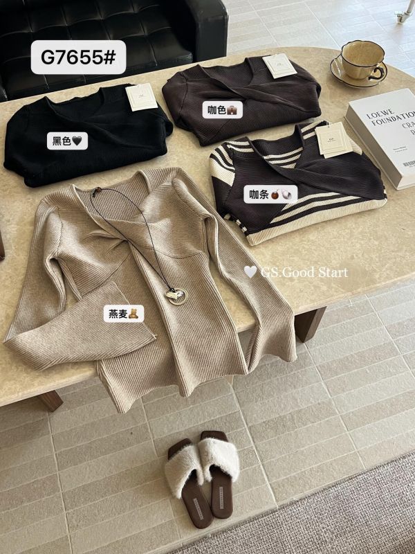 法式撞色修身扭結V領針織衫-4色 法式撞色修身扭結V領針織衫-4色