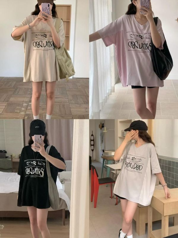 V領拼接感字母印花T恤上衣-4色 V領拼接感字母印花T恤上衣-4色