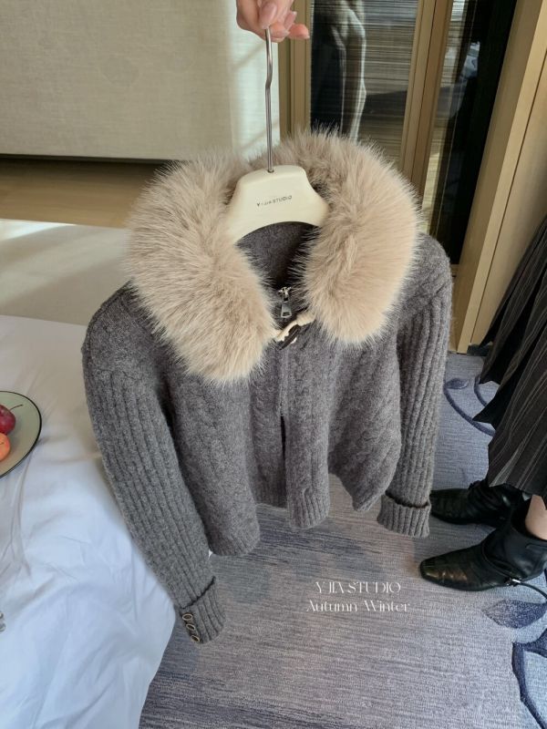 韓系氛圍感麻花雙拉鏈氣質毛衣外套（毛領可拆）-4色 韓系氛圍感麻花雙拉鏈氣質毛衣外套（毛領可拆）-4色