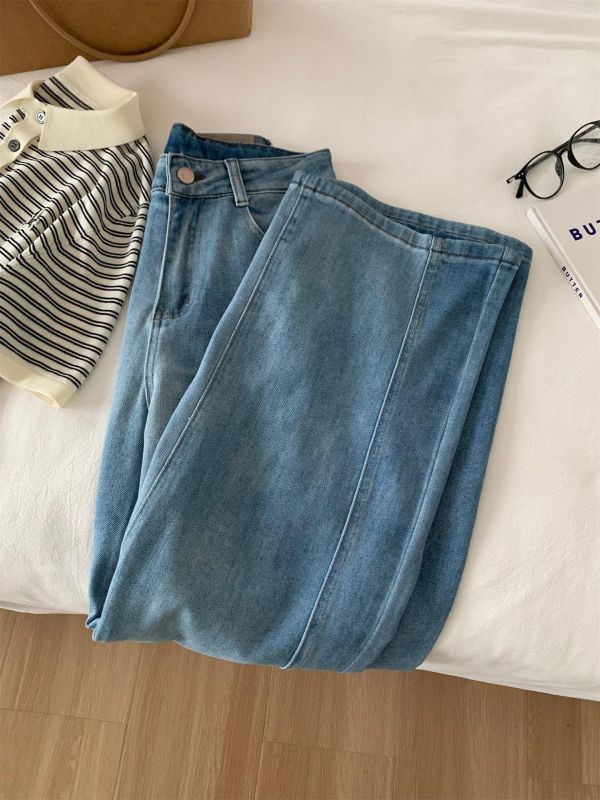 設計感拼接闊腿彎刀褲高腰顯瘦牛仔 設計感拼接闊腿彎刀褲高腰顯瘦牛仔