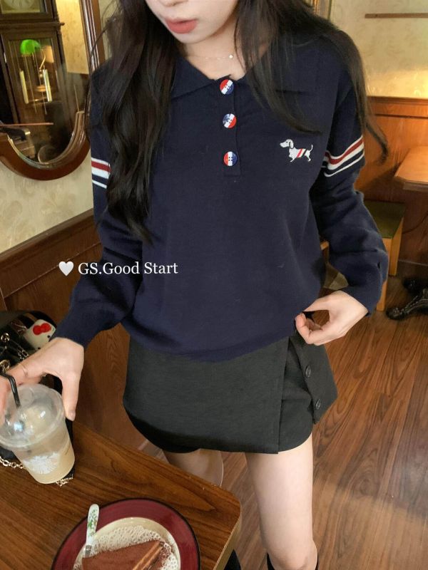 韓系學院風氣質刺繡小狗polo領針織上衣-4色 韓系學院風氣質刺繡小狗polo領針織上衣-4色