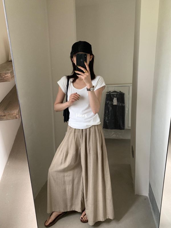 復古格子休閒垂感闊腿褲-3色 復古格子休閒垂感闊腿褲-3色