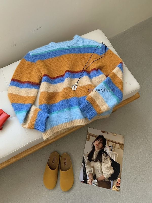 韓系多巴胺條紋撞色保暖毛衣 韓系多巴胺條紋撞色保暖毛衣