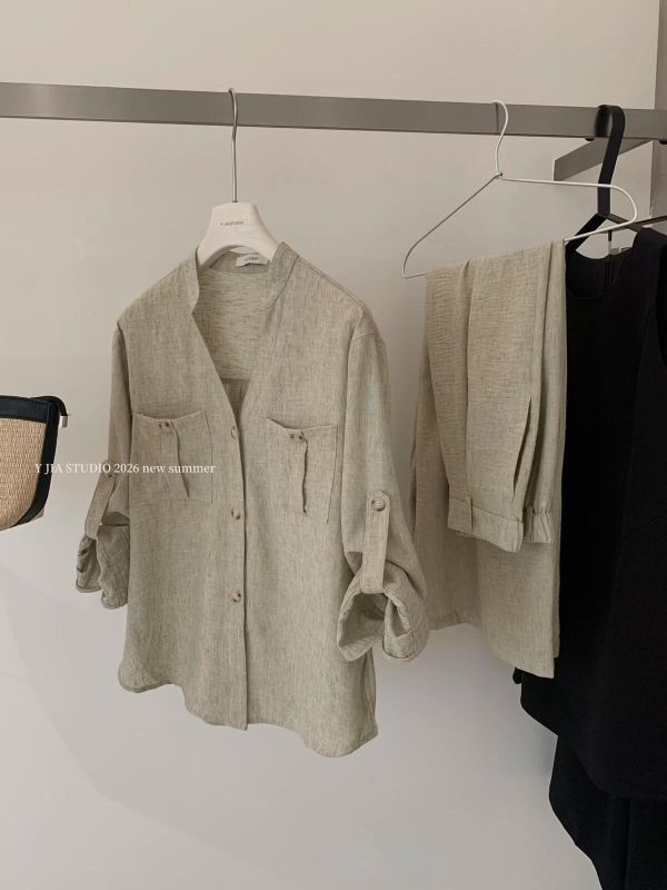 老錢亞麻百搭襯衫+寬鬆闊腿褲鬆弛感兩件套裝 老錢亞麻百搭襯衫+闊腿褲兩件套