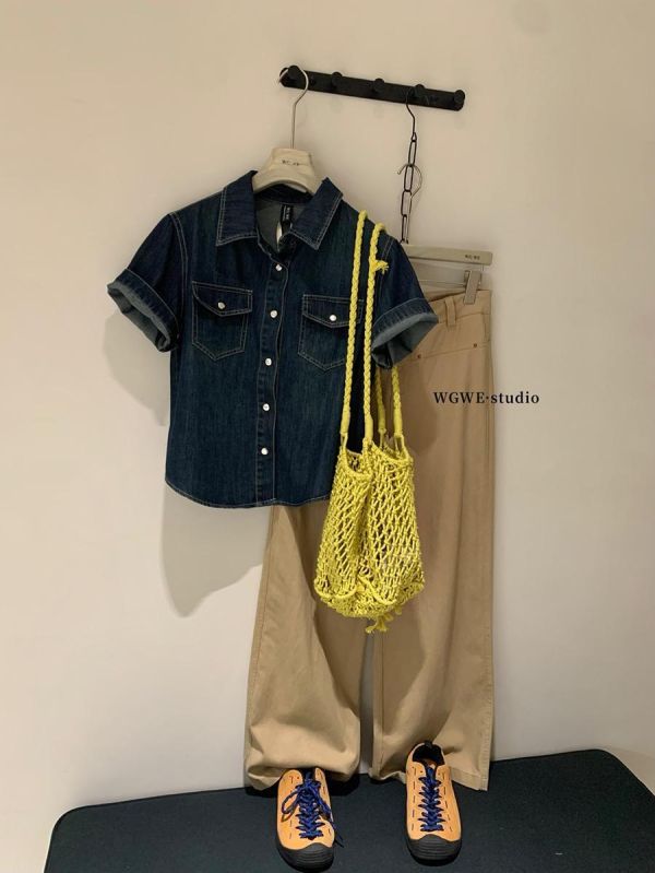 夏季美式復古休閒口袋牛仔襯衫 夏季美式復古休閒口袋牛仔襯衫