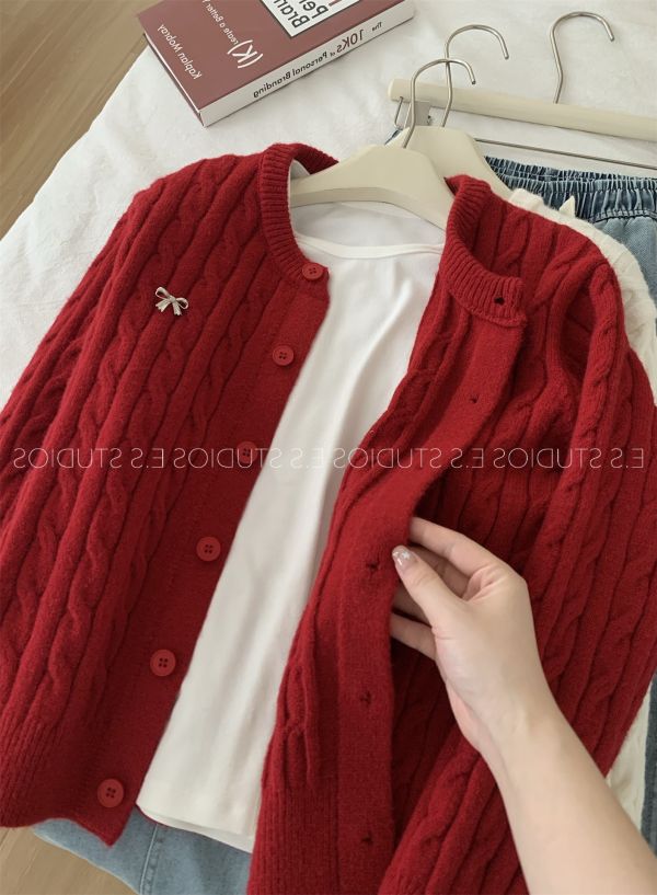 溫柔麻花蝴蝶結釘扣毛衣外套-3色 溫柔麻花蝴蝶結釘扣毛衣外套-3色