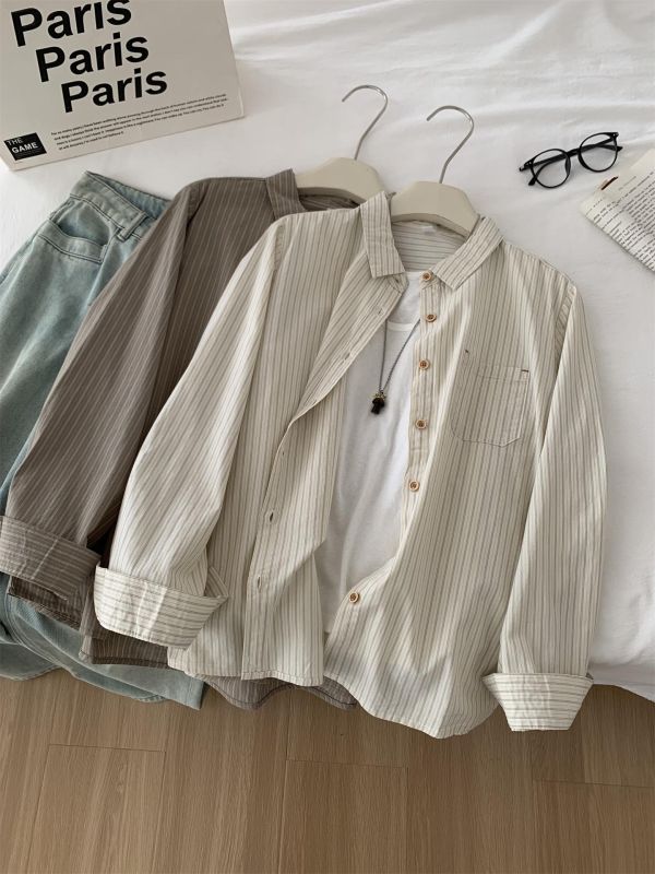 文藝小清新豎條紋單穿疊穿襯衫上衣-2色 文藝小清新豎條紋單穿疊穿襯衫上衣-2色