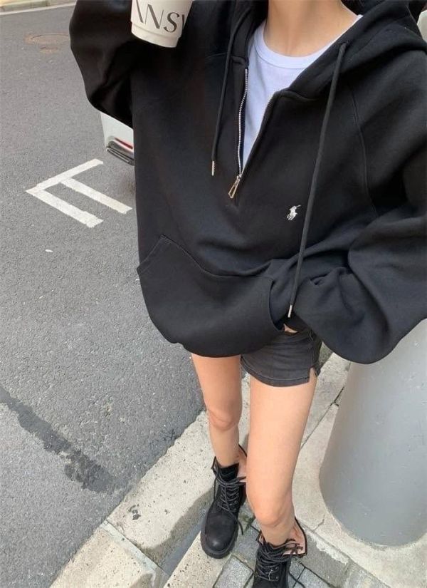 重磅拉鍊刺繡寬鬆連帽tee-3色 重磅拉鍊刺繡寬鬆連帽tee-3色