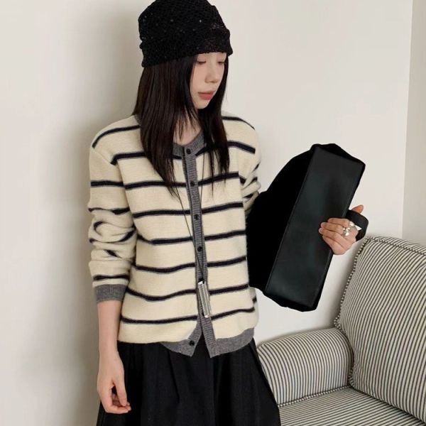 復古雙色條紋針織開衫-3色 復古雙色條紋針織開衫-3色