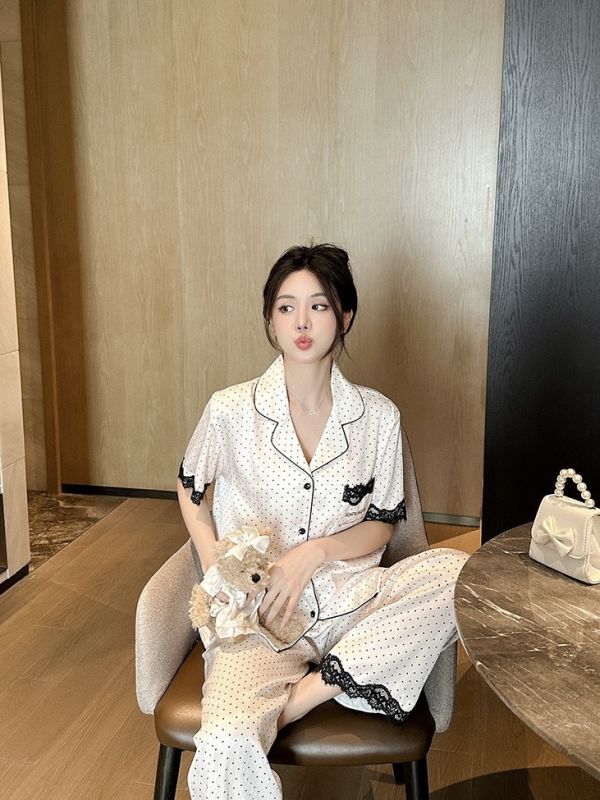 冰絲透氣三件套 波點蕾絲睡衣-2色 冰絲透氣三件套 波點蕾絲睡衣-2色