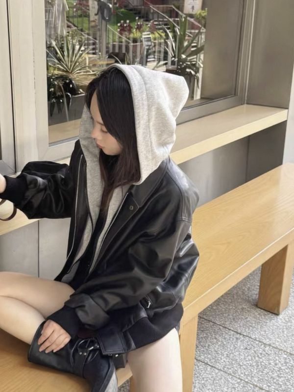 甜酷黑色假兩件高級感寬鬆pu皮外套 甜酷黑色假兩件高級感寬鬆pu皮外套