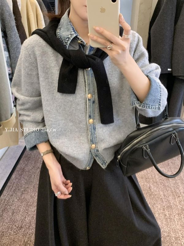 假兩件牛仔拼接翻領撞色針織上衣-4色 假兩件牛仔拼接翻領撞色針織上衣-4色