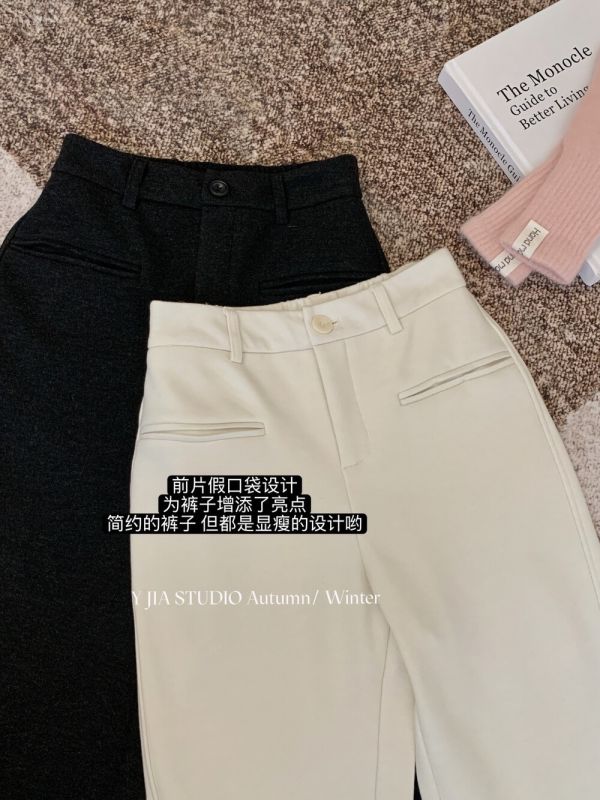 韓系簡約風毛呢加厚加絨窄版直筒微喇叭休閒褲-2色 韓系簡約風毛呢加厚加絨窄版直筒微喇叭休閒褲-2色